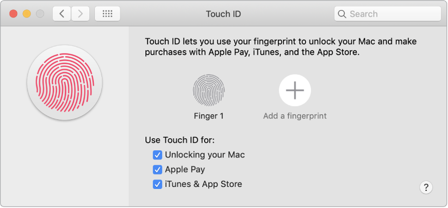 The Touch ID preferences window with options for adding a fingerprint and using Touch ID to unlock your Mac, use Apple Pay, and buy from the iTunes Store, App Store, and Apple Books.