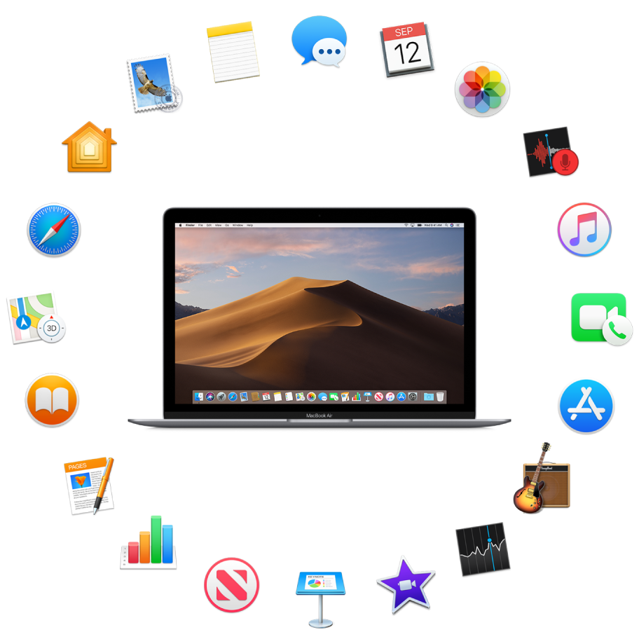 A MacBook Air surrounded by the icons for the built-in apps described in the following sections.