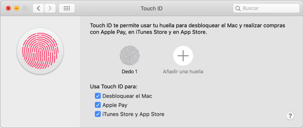 La ventana de preferencias de Touch ID con opciones para añadir una huella digital y utilizar Touch ID para desbloquear el Mac, utilizar Apple Pay y comprar en iTunes Store, App Store y la tienda de la app Libros.