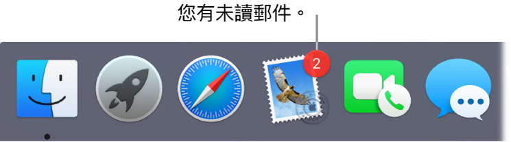 Dock 的一部分,顯示帶有標記的「郵件」App 圖像,表示未讀郵件的數量。
