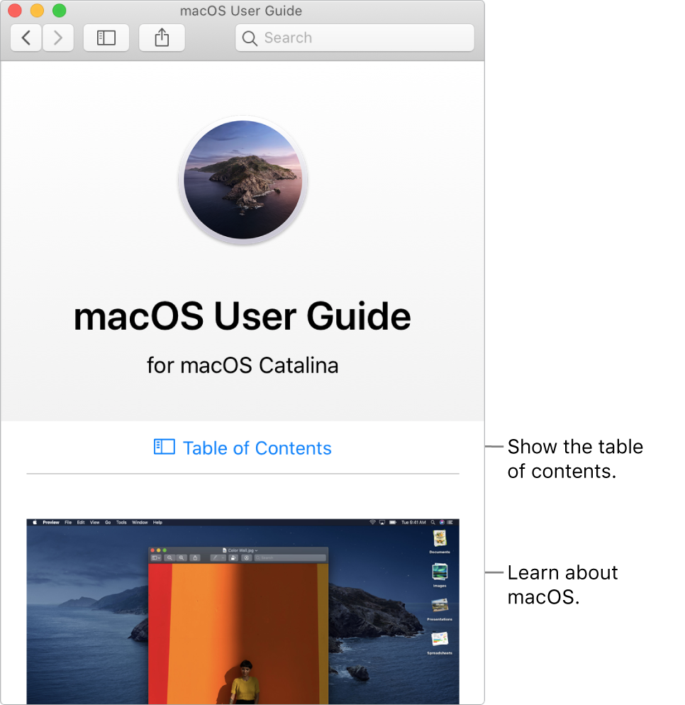 The macOS User Guide welcome page showing the Table of Contents link.