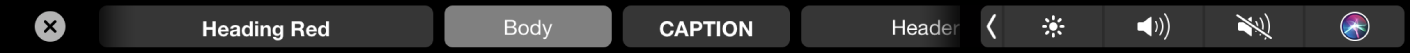 The Pages Touch Bar displaying paragraph format styles, including title, heading, and caption.
