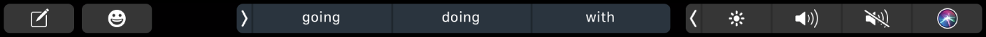 The Messages Touch Bar with buttons for composing a message and entering emoji. There are also buttons showing typing suggestions.