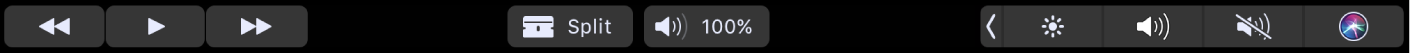 The iMovie Touch Bar when a clip is playing. There are buttons for rewind, play, fast-forward, split, and volume.