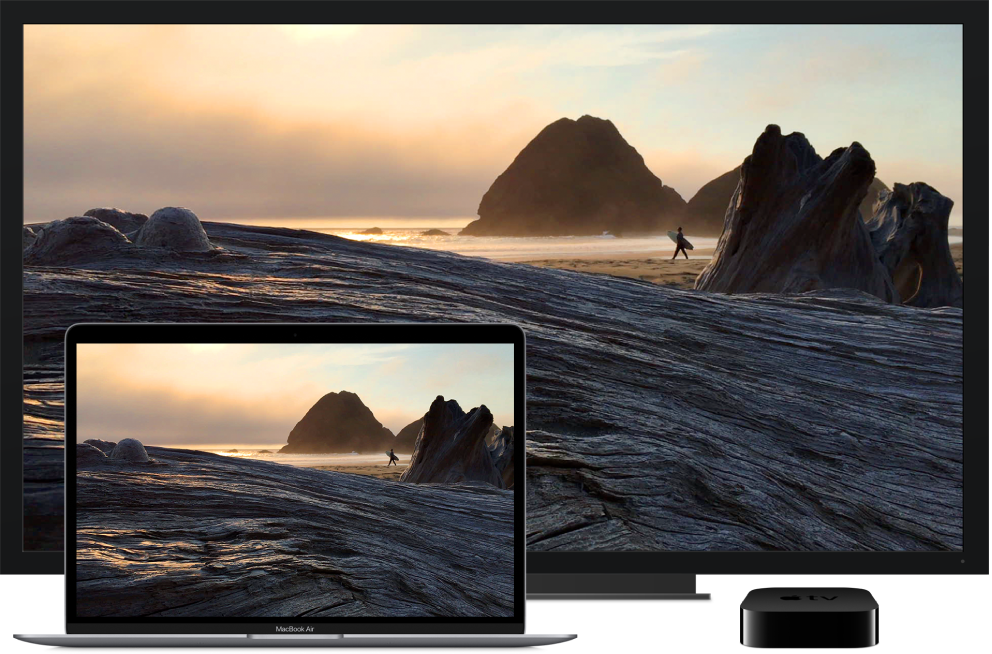 A MacBook Air with its content mirrored on a large HDTV using an Apple TV.