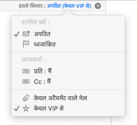 फ़िल्टर पॉप-अप मेनू छह संभव फ़िल्टर्स दिखा रहे हैं: अपठित, फ़्लैग्ड, टु : मुझे, CC : मुझे, केवल अटैचमेंट वाला मेल तथा केवल VIP से.