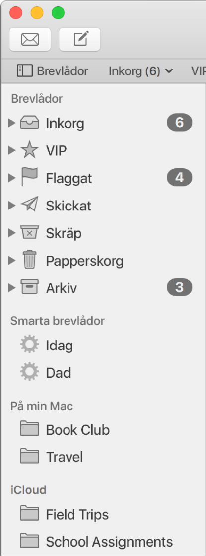 Sidofältet i Mail med standardbrevlådorna (som Inkorg och Utkast) överst i sidofältet samt brevlådor du har skapat i avsnitten På min Mac och iCloud.