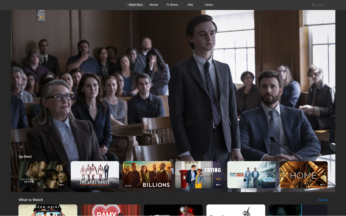 An Apple TV app window showing the Watch Now view.