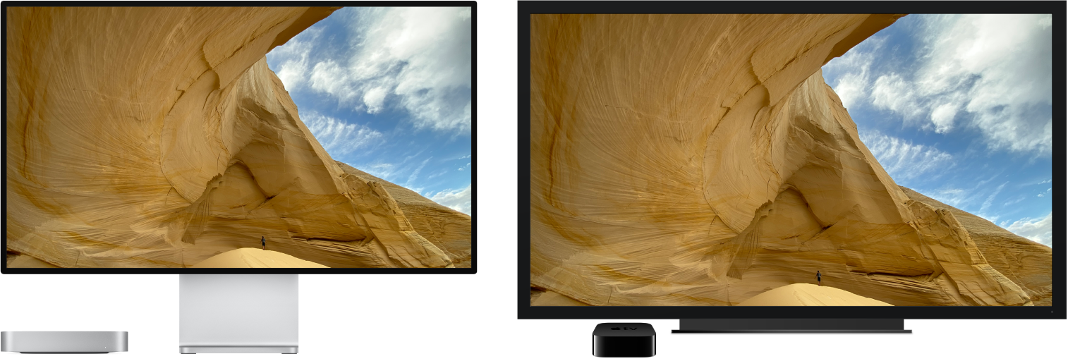 A Mac mini with its content mirrored on a large HDTV using an Apple TV.