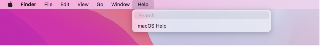 A partial desktop with the Help menu open, showing menu options for Search and macOS Help.