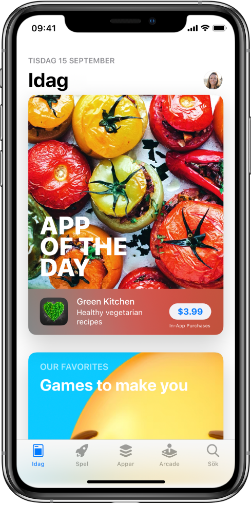 Skärmen Idag i App Store med en app i blickfånget. Din profilbild som du trycker på för att visa köp och hantera prenumerationer visas högst upp till höger. Från vänster till höger längs nederkanten finns flikarna Idag, Spel, Appar, Arcade och Sök.