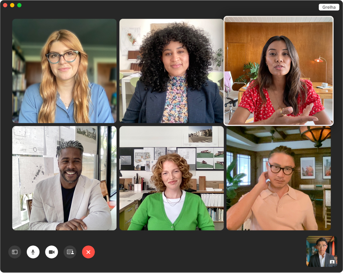 A janela do FaceTime com participantes numa grelha. A pessoa que está a falar está realçada.