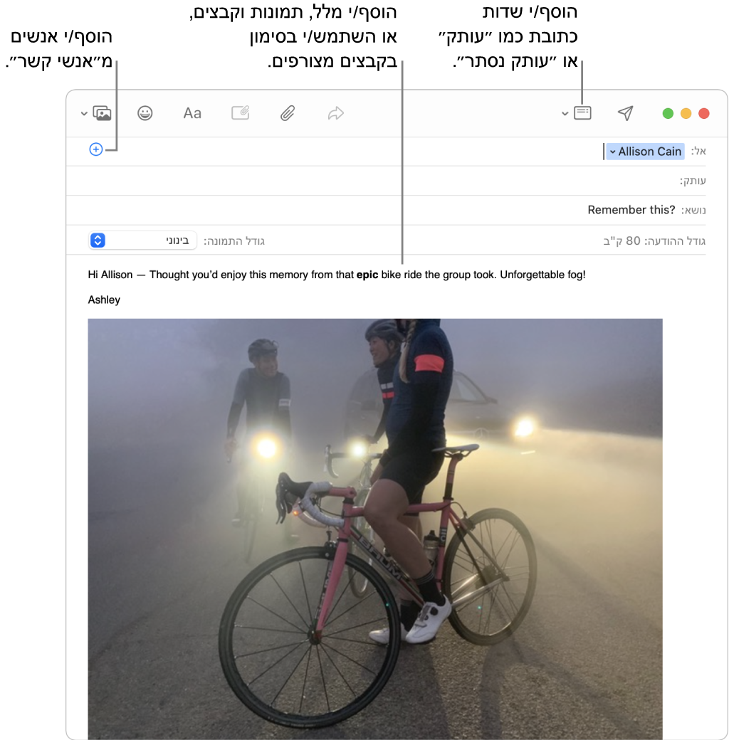 חלון של הודעה חדשה עם סימון הכפתור ״שדות כותרת״, הכפתור ״הוסף״ בשדה כתובת להוספת אנשים מ״אנשי קשר״ והצגת תמונה עם סימונים בגוף ההודעה.