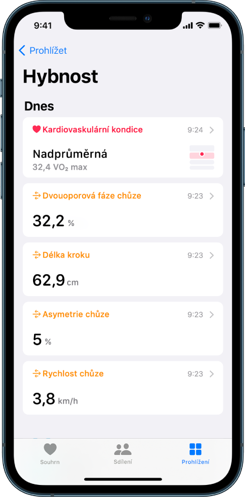 Kategorie Hybnost s údaji o kardiovaskulární kondici, délce dvouoporové fáze chůze, délce kroku, symetrii chůze a rychlosti chůze.