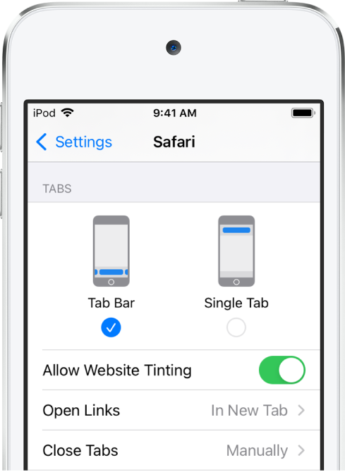 Ein Bildschirm zeigt zwei Safari-Layoutoptionen: „Tableiste“ und „Einzelner Tab“.