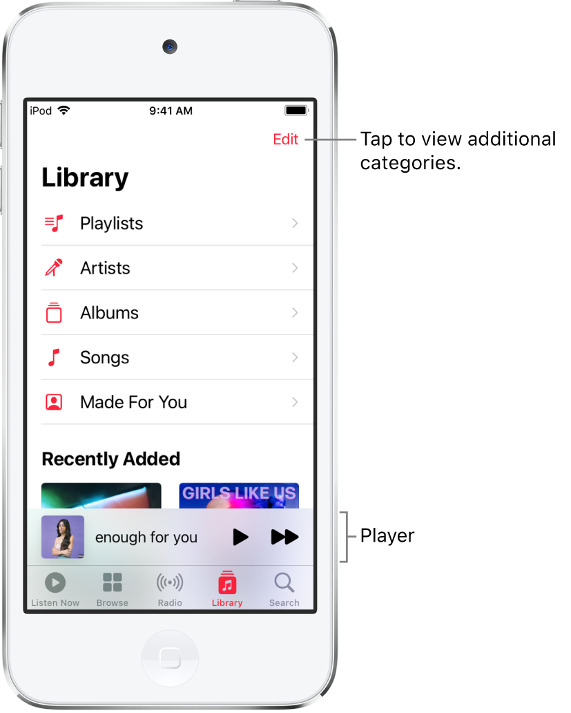 The Library screen showing a list of categories including Playlists, Artists, Albums, and Songs. The Recently Added heading appears below the list. The player showing the title of the current song and the Play and Next buttons appear near the bottom.