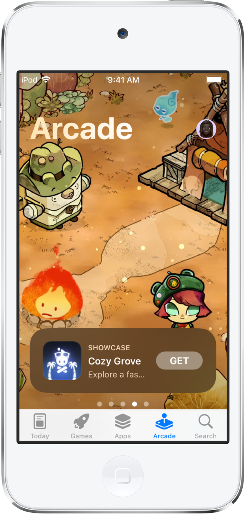 Pantalla Arcade de App Store con un juego en la parte superior y “Top juegos Arcade” en el centro. A lo largo del borde inferior, de izquierda a derecha, se muestran las pestañas Hoy, Juegos, Apps, Arcade y Buscar.