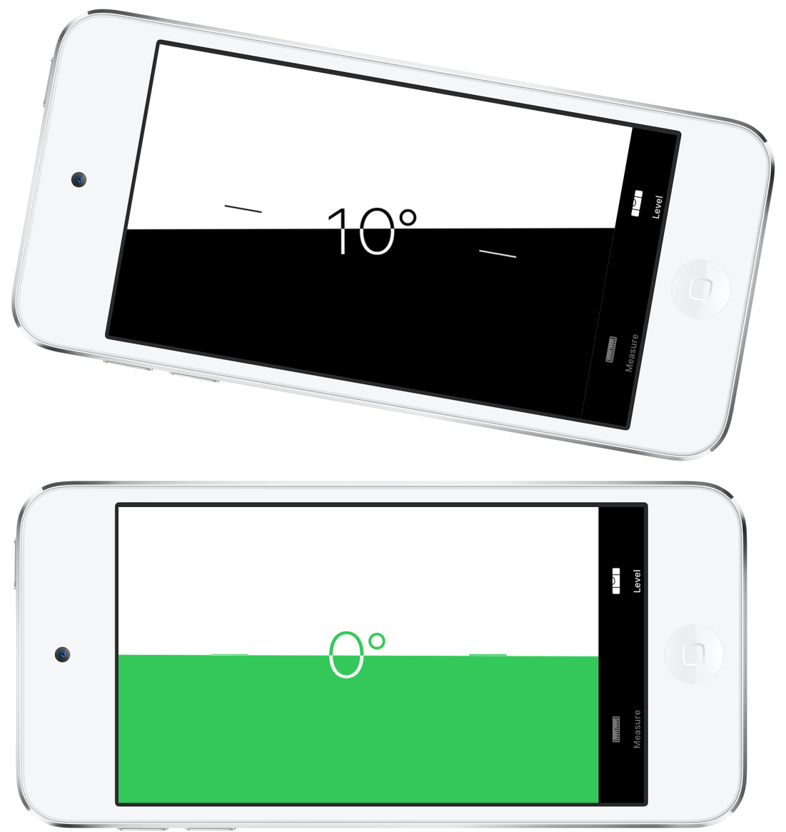L’écran du niveau à bulle. En haut, l’iPod touch est orienté à un angle de dix degrés ; en bas, l’iPod touch est à plat.