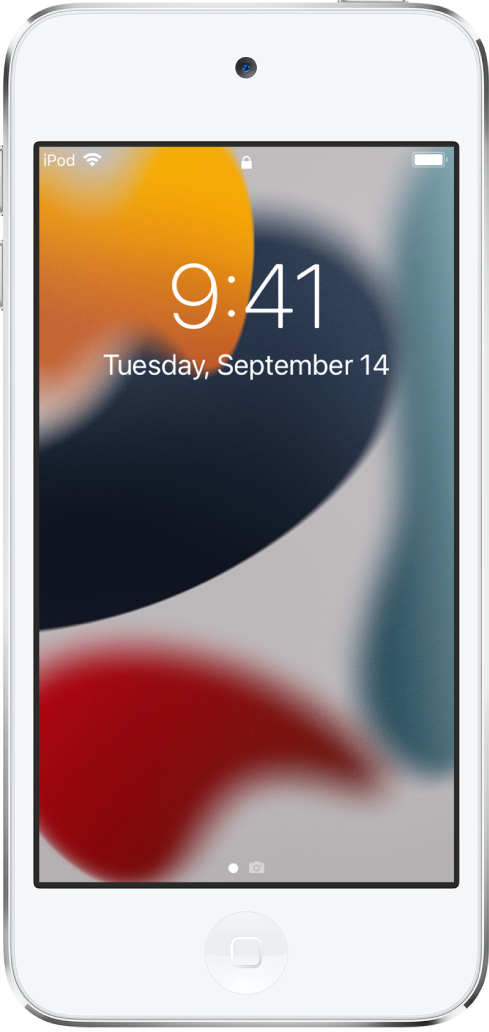 Écran verrouillé de l’iPod touch, sur lequel sont affichées l’heure actuelle et la date.