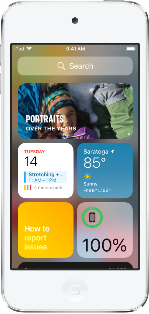 Des widgets dans la galerie de widgets de l’iPod touch, notamment Photos, Calendrier et Météo.
