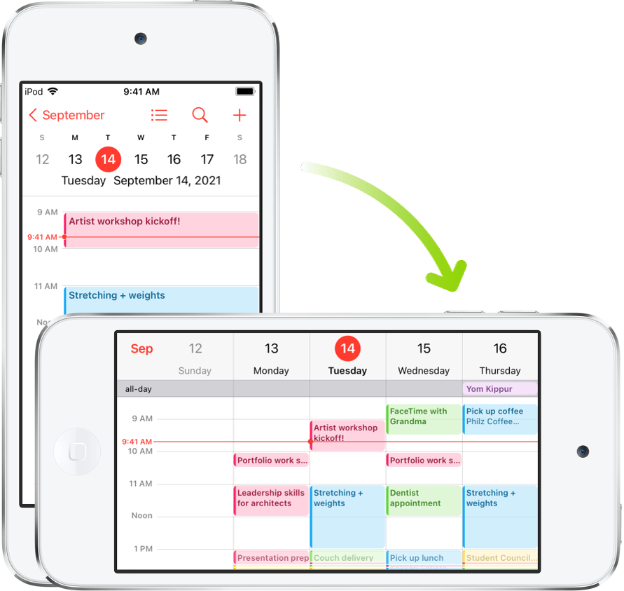 Op de achtergrond zie je een iPod touch in de staande schermstand, met daarop Agenda met de activiteiten voor één dag. Op de voorgrond zie je de iPod touch in de liggende schermstand en zijn de Agenda-activiteiten voor de hele week met diezelfde dag te zien.