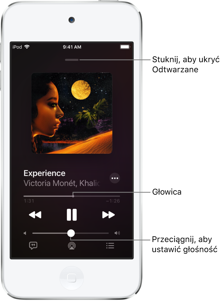 Ekran Odtwarzane, zawierający grafikę albumu. Poniżej znajduje się tytuł utworu, nazwa wykonawcy, przycisk Więcej, głowica, narzędzia odtwarzania, suwak głośności, przycisk słów utworu, przycisk urządzenia wyjściowego odtwarzania oraz przycisk kolejki. Przycisk ukrywania ekranu Odtwarzane znajduje się u góry ekranu.