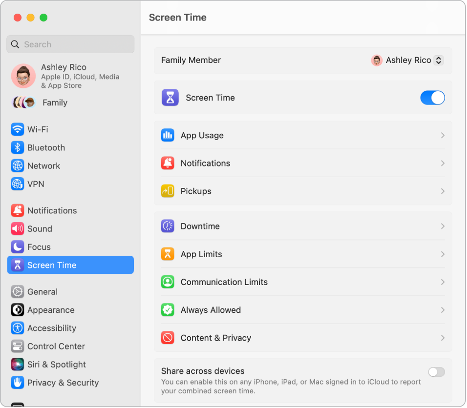 A Screen Time settings window showing options to see App Usage, Notifications, and Pickups, as well as options for managing Screen Time, like scheduling Down Time, setting App and Communication Limits, and more