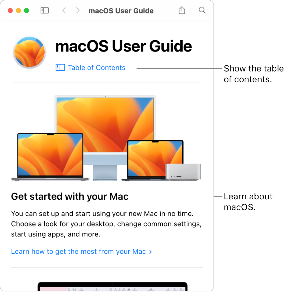 The macOS User Guide welcome page showing the Table of Contents link.