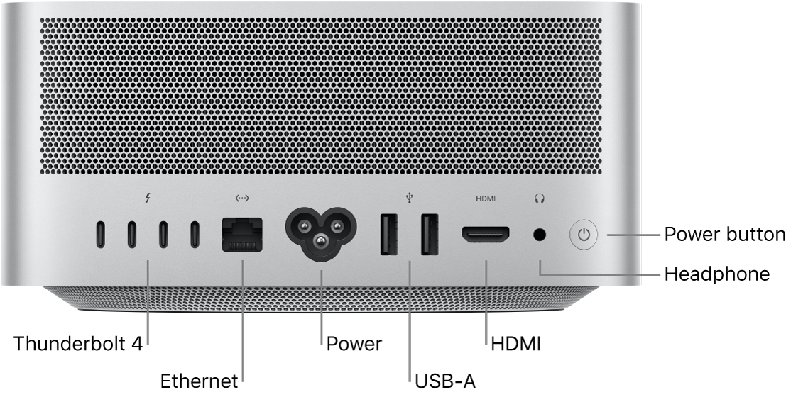 The back of Mac Studio showing four Thunderbolt 4 (USB-C) ports, the Gigabit Ethernet port, the power port, two USB-A ports, the HDMI port, 3.5 mm headphone jack, and the power button.