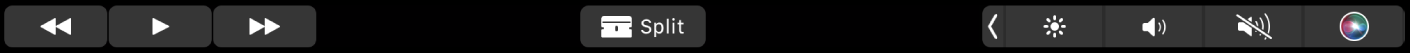 The iMovie Touch Bar when a clip is playing. There are buttons for rewind, play, fast-forward, split, and volume.