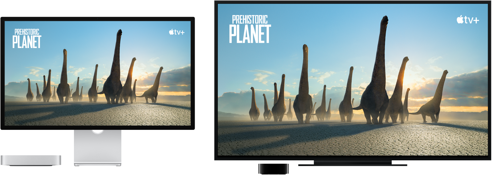 A Mac mini with its content mirrored on a large HDTV using an Apple TV.