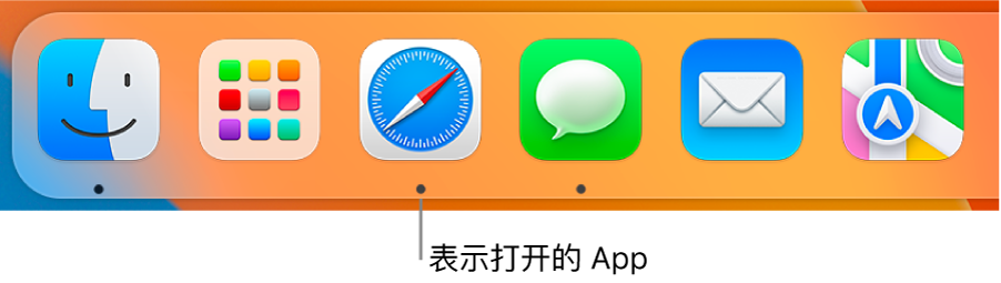 程序坞的一部分,显示打开的 App 下面的黑色圆点。