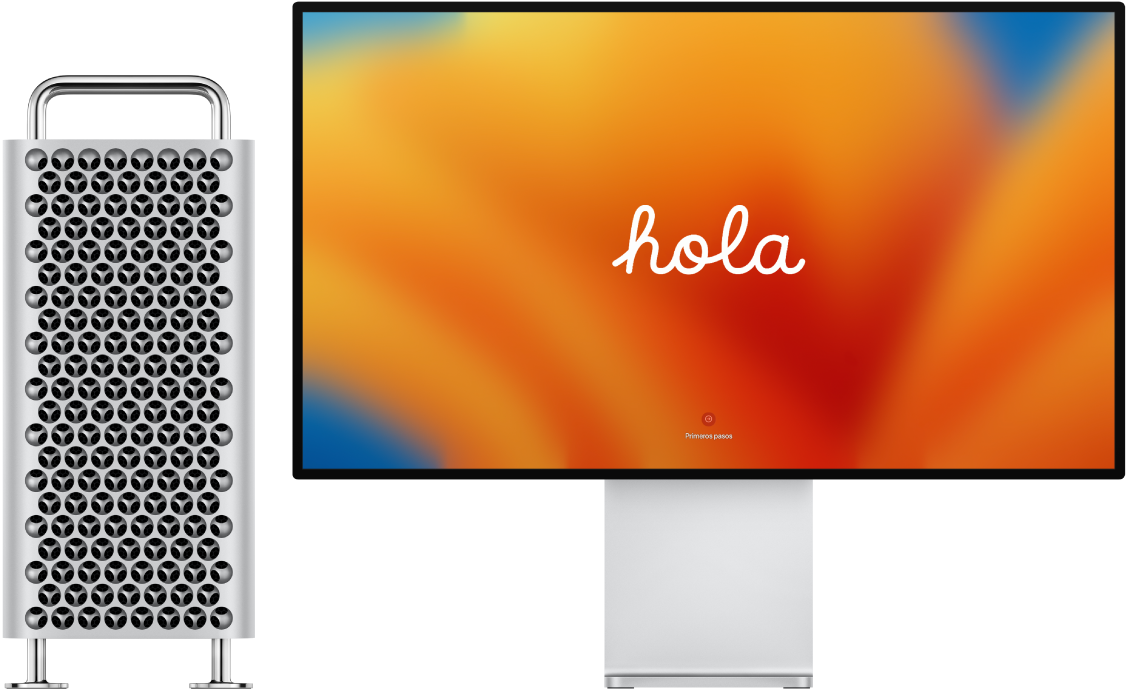 Un Mac Pro con una pantalla Pro Display XDR al lado y la palabra “hola” en la pantalla.
