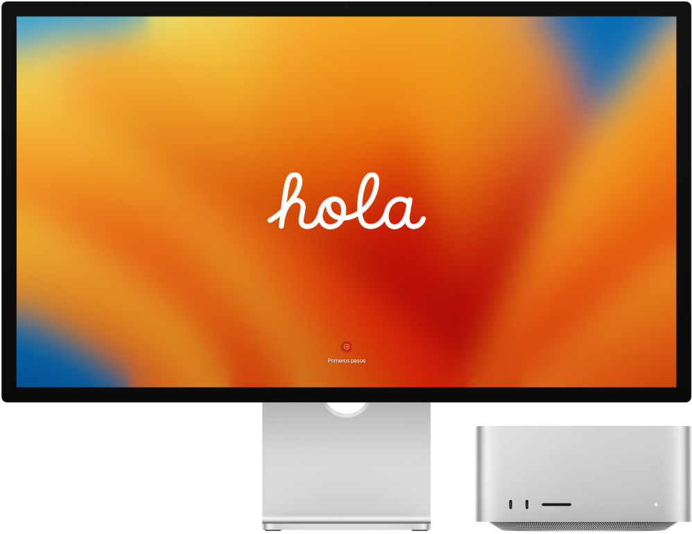 Una pantalla Studio Display con un Mac Studio al lado y la palabra “hola” en la pantalla.