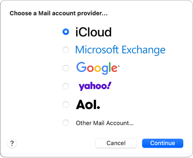 مربع الحوار لاختيار نوع حساب بريد إلكتروني، يظهر فيه iCloud و Microsoft و Exchange و Google و Yahoo و AOL وحساب بريد آخر.