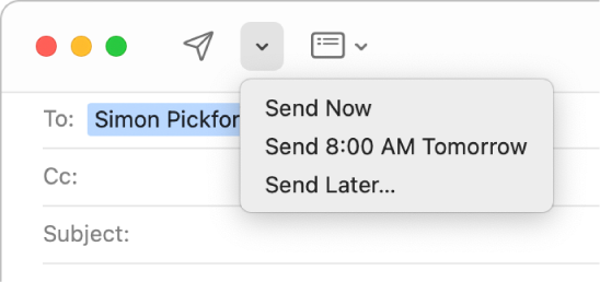Menu dans la fenêtre d’un message présentant différentes options pour l’envoi d’un e-mail : Envoyer maintenant, Envoyer demain à 8 h et Envoyer plus tard.