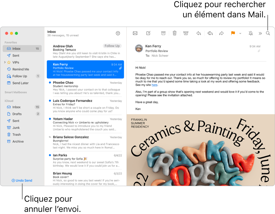 Fenêtre Mail avec la barre latérale sur la gauche. Le bouton « Annuler l’envoi » se trouve en bas de la barre latérale.