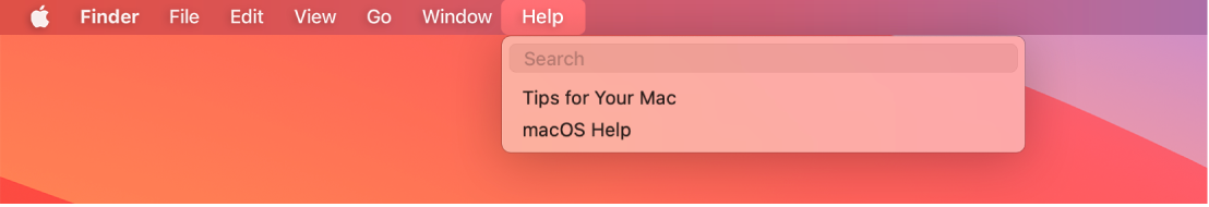 A partial desktop with the Help menu open, showing menu options for Search and macOS Help.