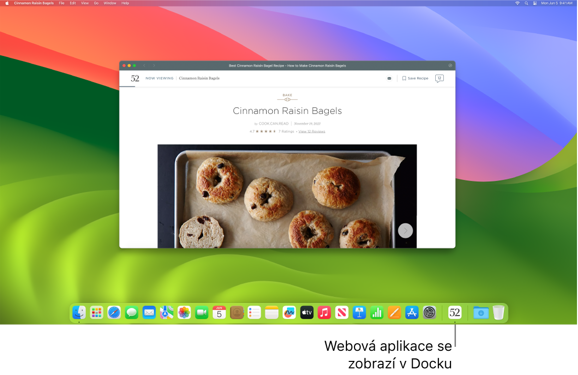 Otevřená webová aplikace s příslušnou ikonou v Docku