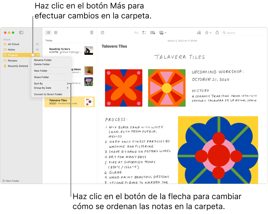 La ventana Notas con una carpeta en la barra lateral que muestra el botón Más, que permite hacer cambios en una carpeta. Sobre la lista de notas que hay en el medio está la opción de clasificación, que cambia el orden de las notas (haz clic en la flecha para seleccionar un orden diferente).