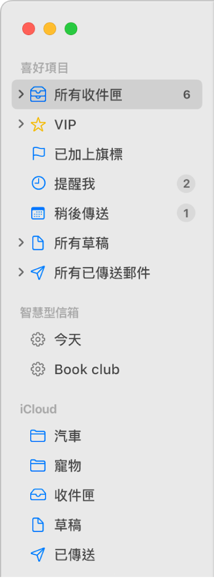 「郵件」側邊欄會在頂端顯示標準信箱(如「收件匣」和「草稿」),以及你在「我的 Mac」區域和 iCloud 區域所製作的信箱。