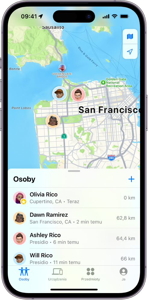 Aplikacja Mapy na iPhonie pokazująca położenie osoby udostępniane czterem innym osobom.
