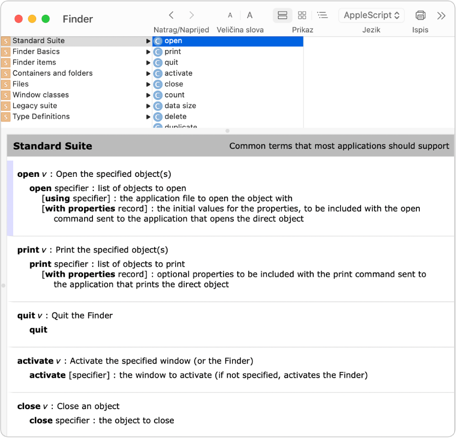 AppleScript rječnik za Finder.