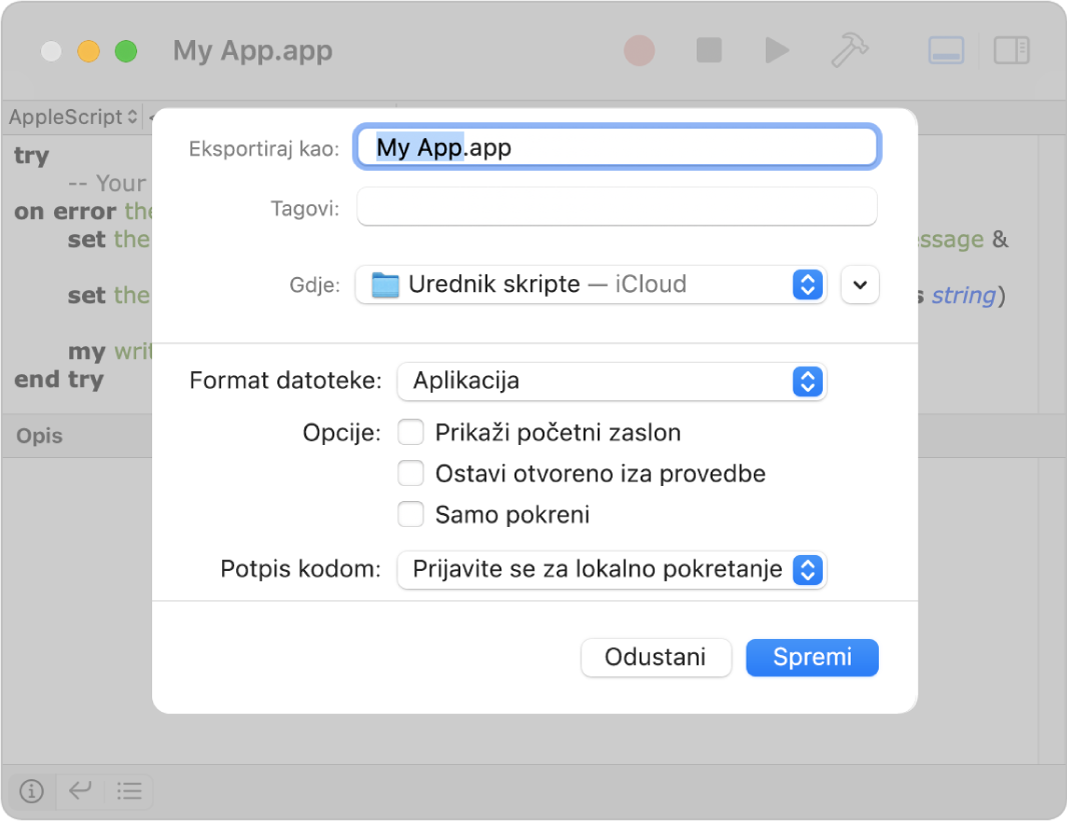 Dijaloški okvir za eksportiranje koji prikazuje skočni izbornik Format datoteke s odabranom aplikacijom i opcije koje možete podesiti kada spremate svoju skriptu.