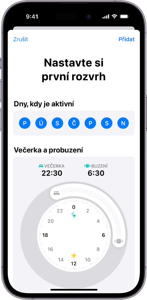 Obrazovka „Nastavte si první rozvrh“ v aplikaci Zdraví s oddílem „Dny, kdy je aktivní“ a časy večerky a ranního buzení.
