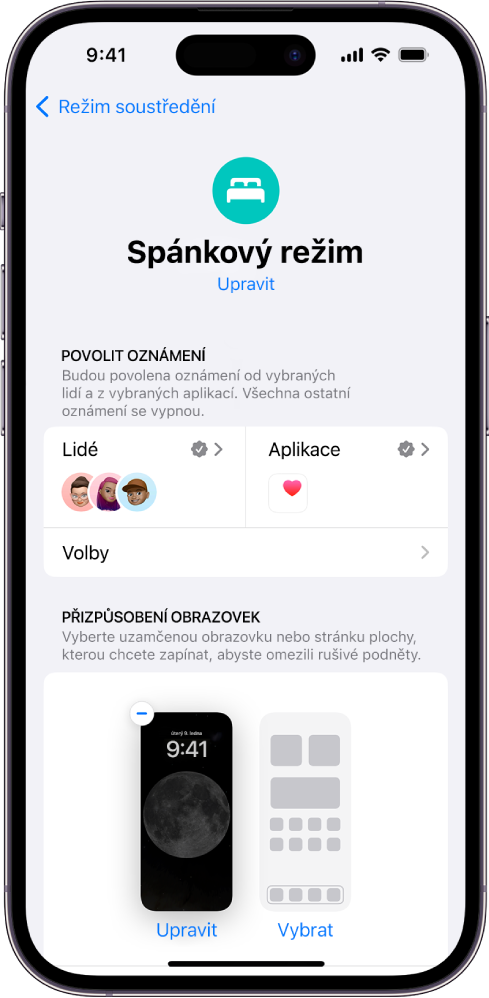 Obrazovka režimu soustředění se třemi lidmi a jednou aplikací, kterým uživatel povolil posílat oznámení