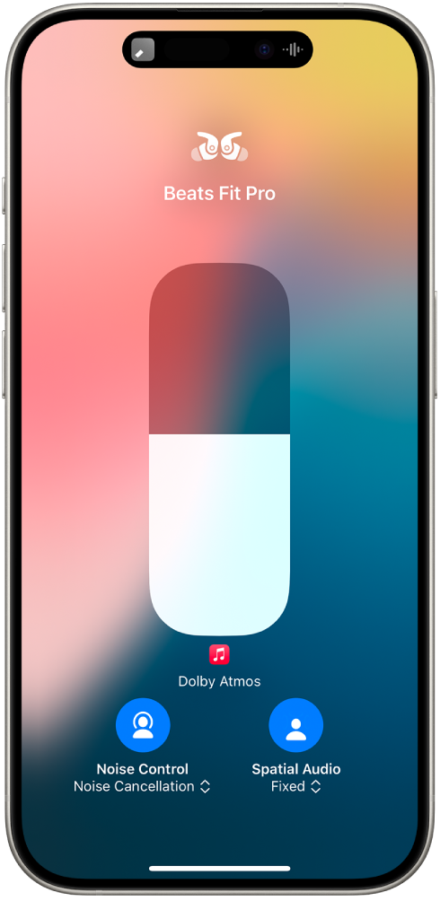 The volume screen in Control Center showing the volume level for Beats Fit Pro. Below the volume indicator on the left is the Noise Control icon, indicating that Noise Cancellation is on. On the right is the Spatial Audio icon, indicating that Spatial Audio and Fixed head tracking are on.