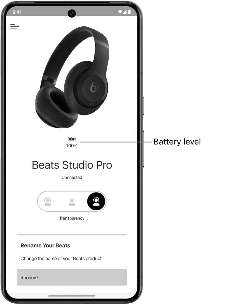 Beats app device screen showing battery level of connected Beats Solo 4 headphones.