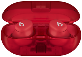Beats Solo Buds i etui ładujące w kolorze przezroczystym czerwonym.