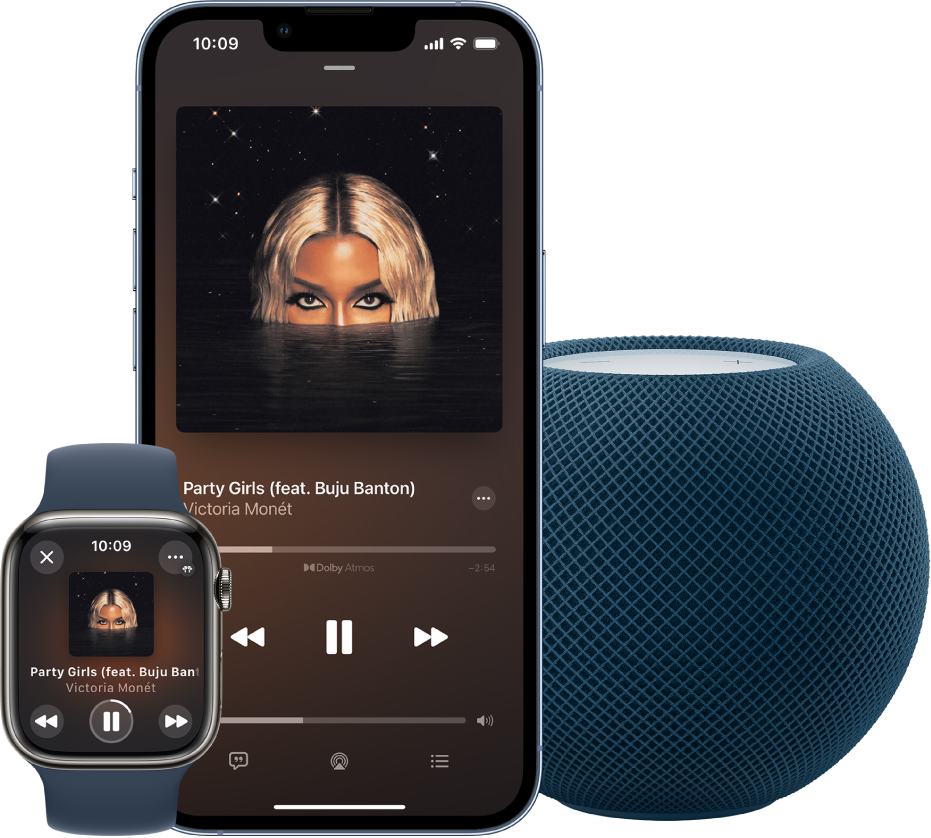 Skladba z Apple Music hrající na Apple Watch, iPhonu a HomePodu mini